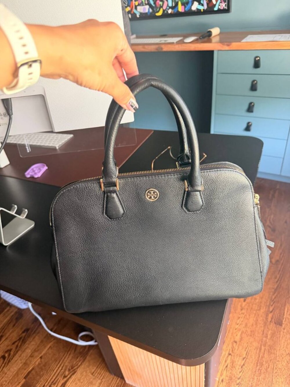 Tory Burch Black Pebbled Leather Bag with the Strap